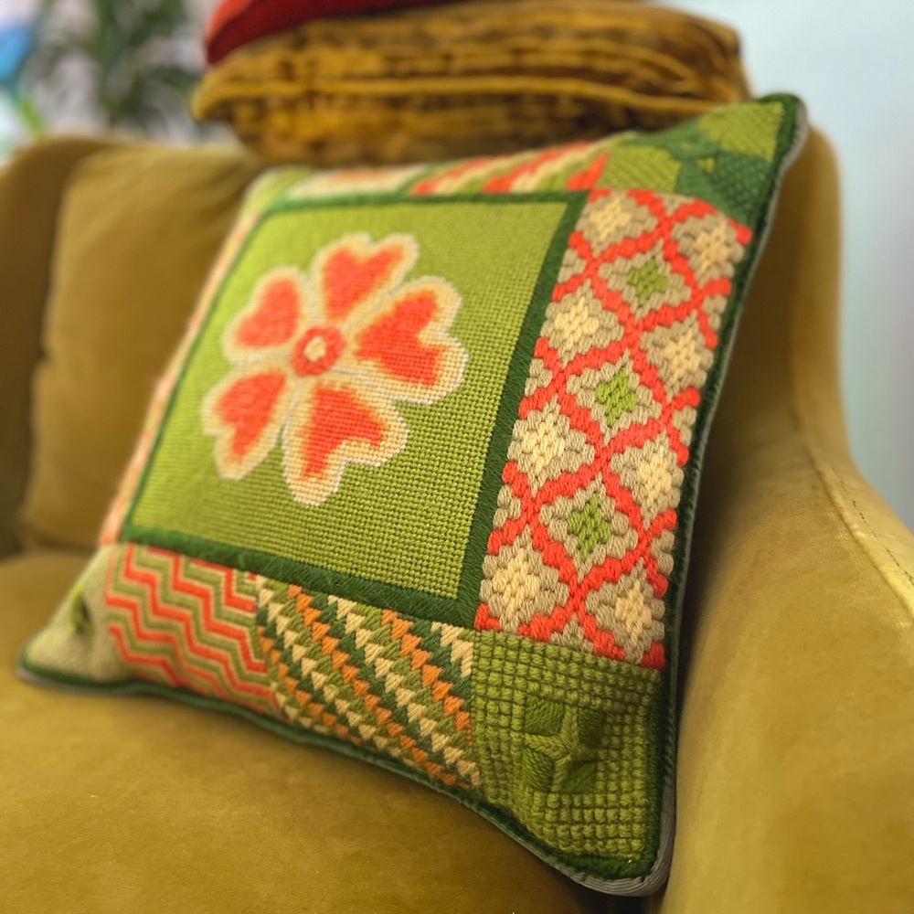 70s Flower Power Needlepoint Throw Pillow - Picture 2 of 5